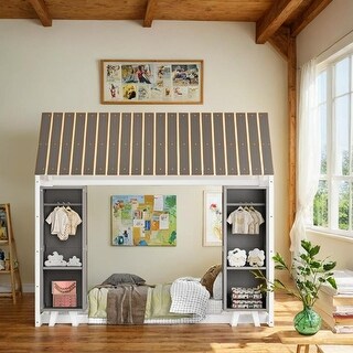Floor Bed Design Wooden House Bed with Fence and Roof,Twin Size