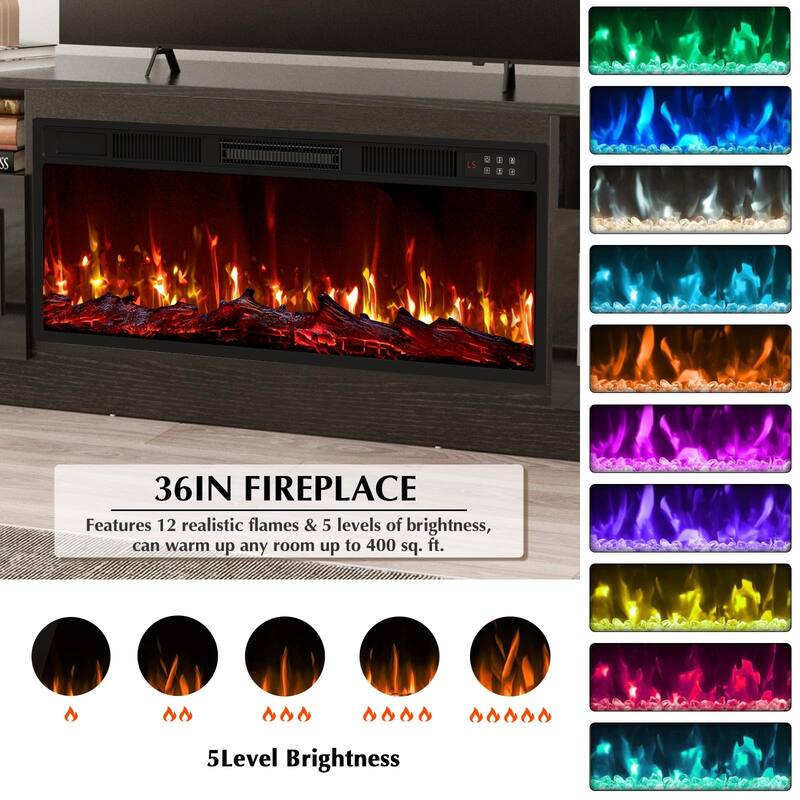 Bossin 70" Fireplace TV Stand with 36" Electric Fireplace, TV Stand for TVs Up to 80", 16 Colors LED Lights/Entertainment Center