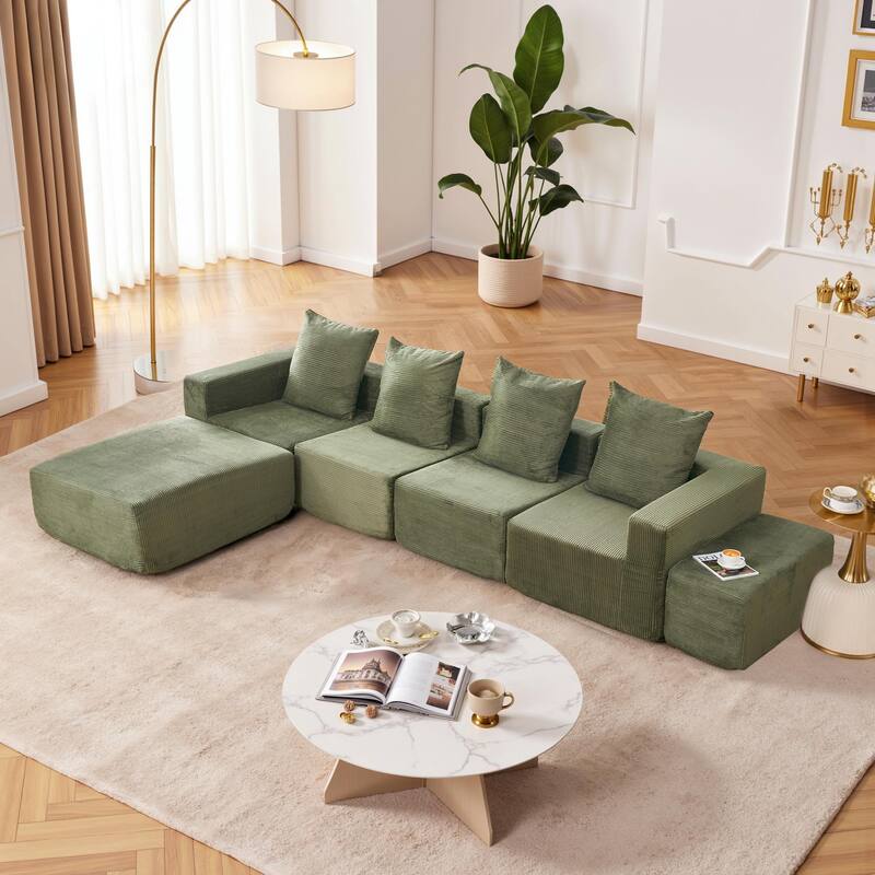 4-Seat Modular Sofa Sectional with Oversized Chaise & Ottomans Cloud Couch in Soft Corduroy Fabric