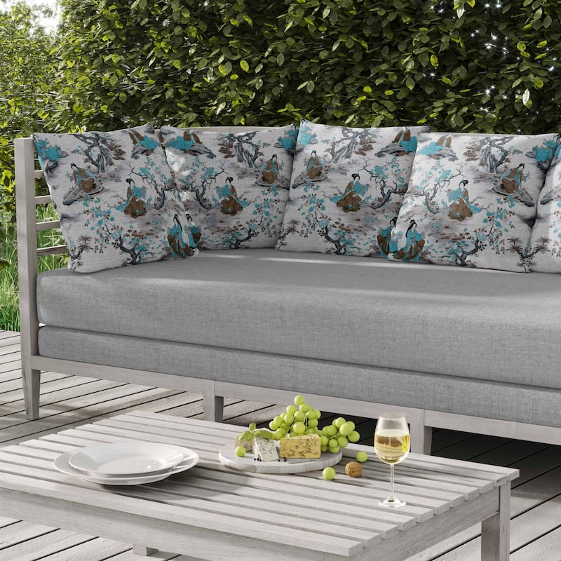 Imperial Palace Garden Indoor/Outdoor Reversible Throw Pillow Grey and Turquoise