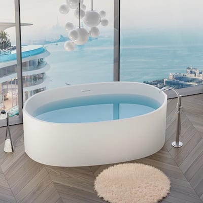ABRUZZO 65'' x 34.25'' Freestanding Soaking Solid Surface Bathtub with Overflow and Pop-up Drain