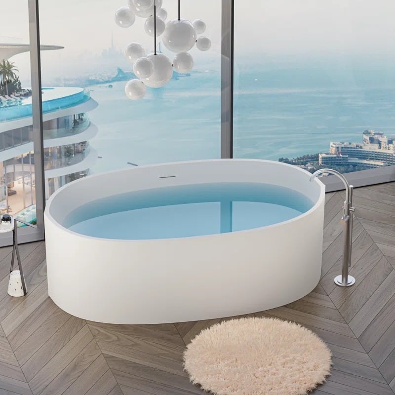 ABRUZZO 65'' x 34.25'' Freestanding Soaking Solid Surface Bathtub with Overflow and Pop-up Drain