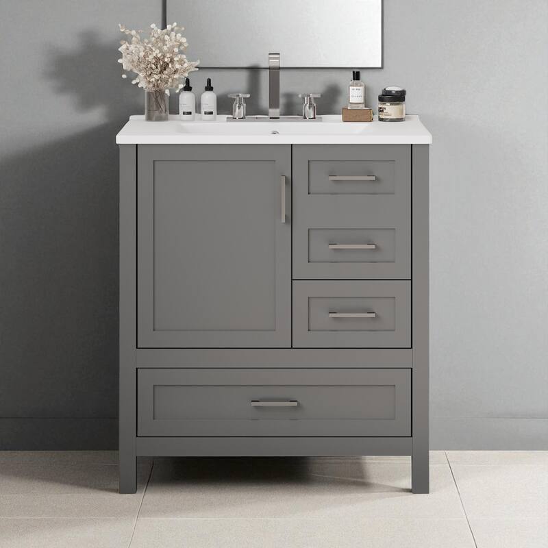 30" Bathroom Vanity with Ceramic Sink, Soft-Close Doors & Drawers, Solid Wood Frame, Modern Storage Cabinet - Grey