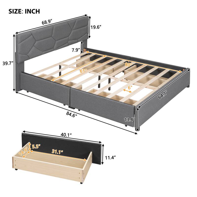 Grey, Pink Queen Size Upholstered Platform Bed with Brick Pattern