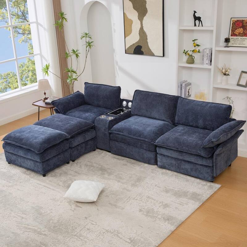 Modern Modular Sectional Sofa with Storage Console and Wireless Charging, Ottomans