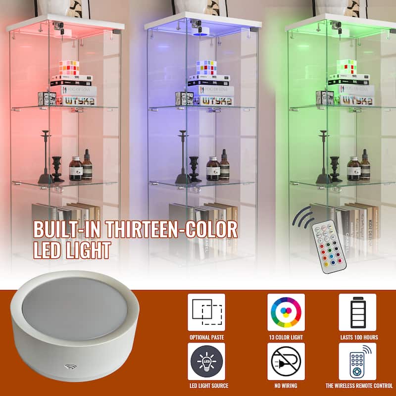 65.9" Modern Glass Display Cabinet with Drawer, LED Lights & 4 Tempered Glass Shelves - Lockable Storage Case