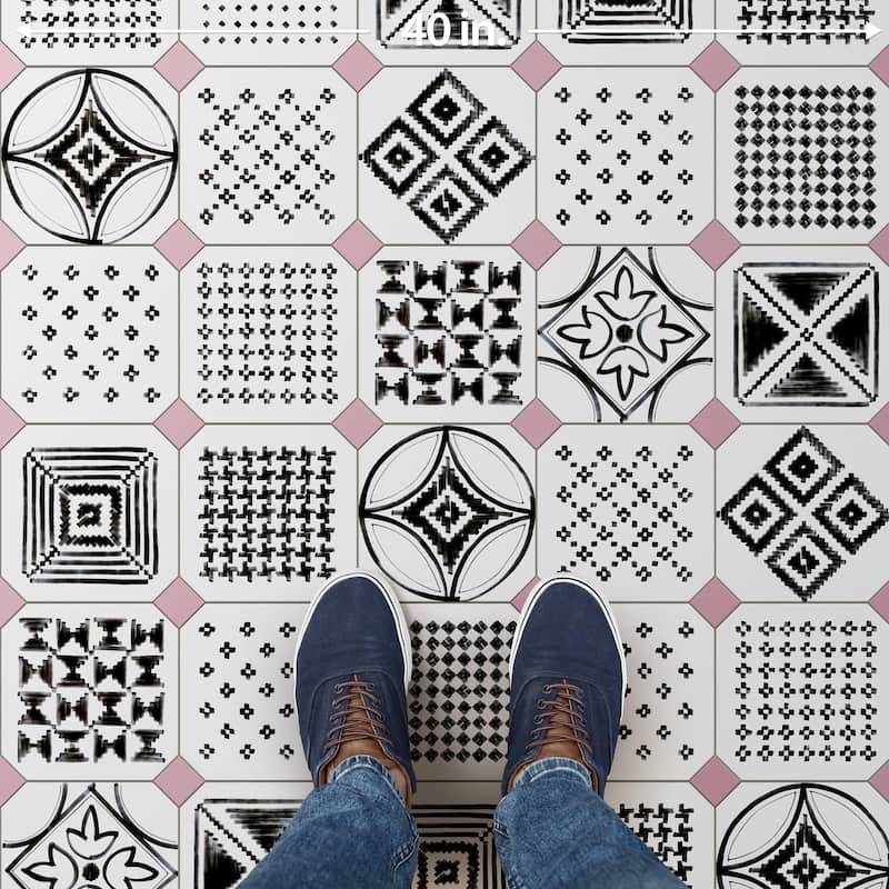 Merola Tile Vaudeville Octagon Deco Sombra with Taco Pink 7-7/8" x 7-7/8" Porcelain Floor and Wall Tile