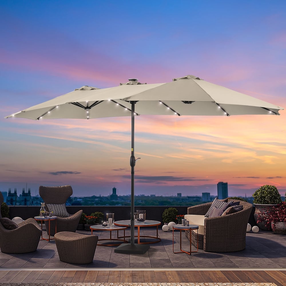 Livoosun 15×9FT LED Double-sided Patio Umbrella with BASE UPF50+ and Handle, and Wind-Resistant Design