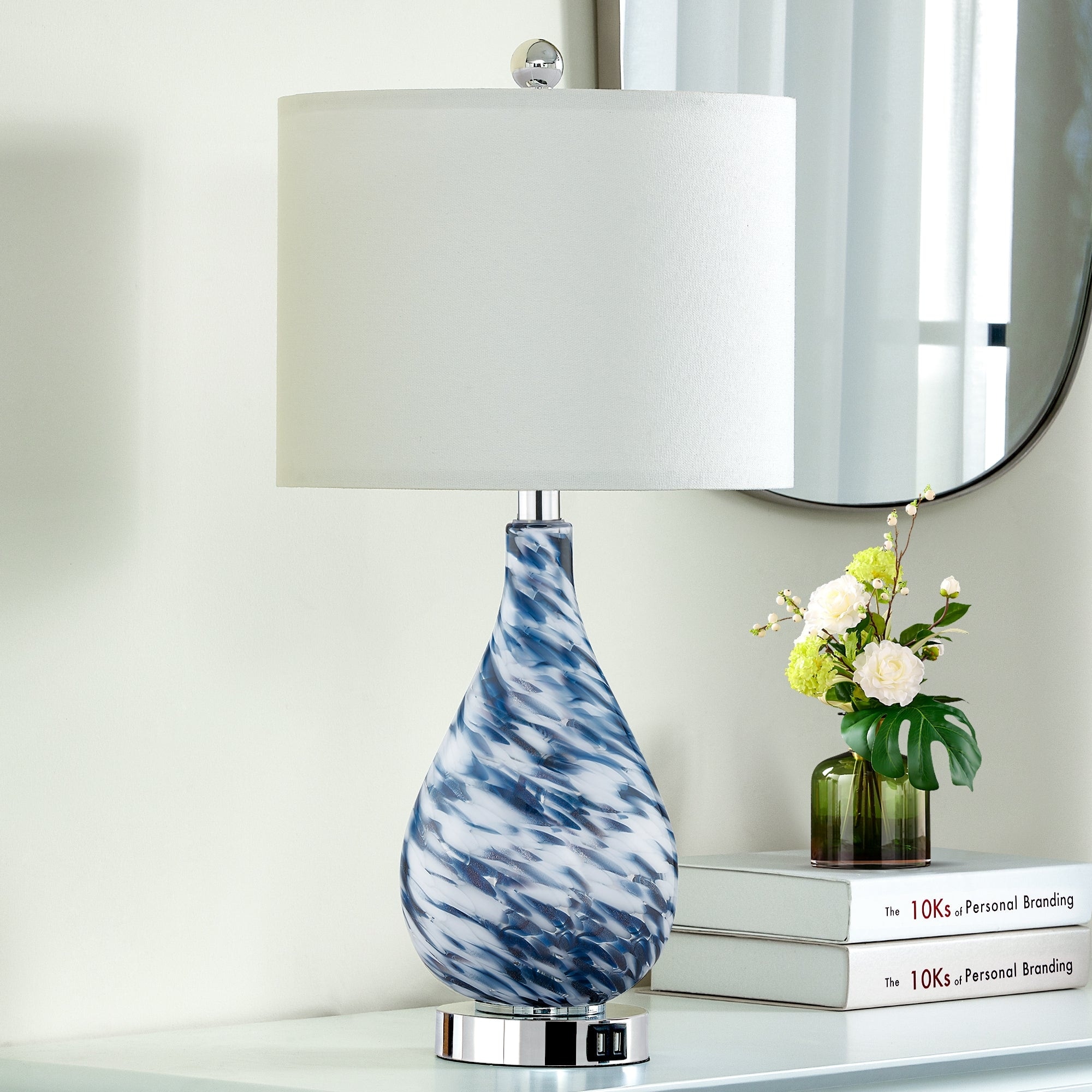Cinkeda Table Lamp Blue Glass Touch Dimming USB Ports - 12'' x 12'' x 24''  (L x W x H) - Overstock - 38939363, image size:2000x2000