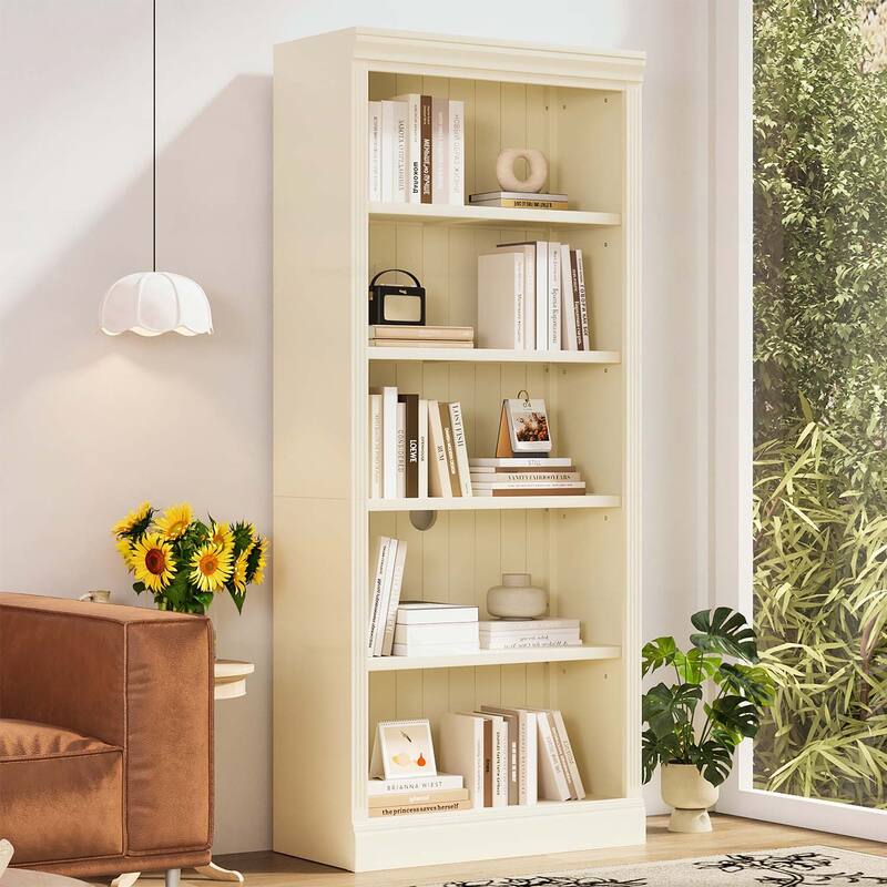 5-Tier Wood Bookcase for Books and Decor - Beige+Yellow