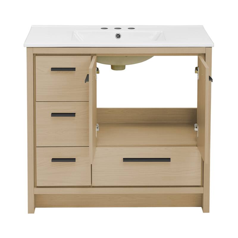 Virage 36 In. Brown Oak Bathroom Vanity With White, 3-Hole Ceramic Sink Top