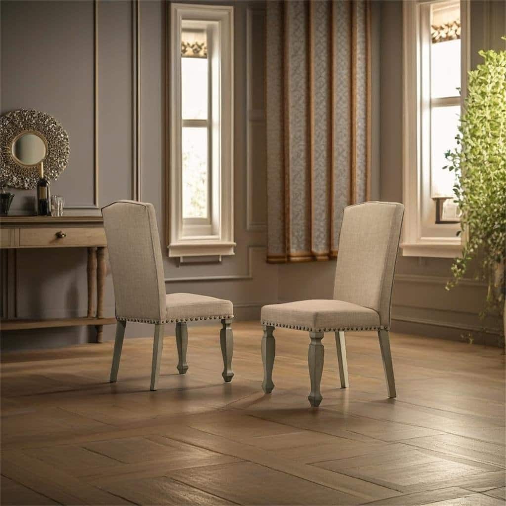 Antique Gray Finish Upholstered Nailhead Dining Chair Set of 2