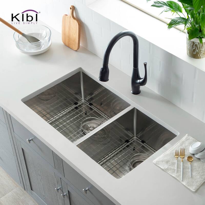 33 Inch Handcrafted Undermount Double Bowl Real 16 gauge Stainless Steel Kitchen Sink with Strainers and Grids