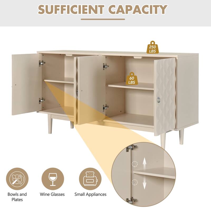 Buffet Cabinet with 4 Convex Pattern Doors, Storage Cabinet with 2 Silver Handle, Sideboard Cabinet with Adjustable Shelves