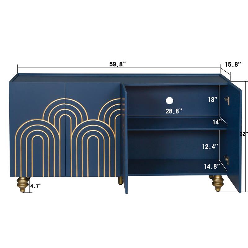 Fluted Sideboard with Storage, Coffe Bar Cabinet with 4 Doors and Wire Holes, Storage Cabinet with Adjustable Shelves