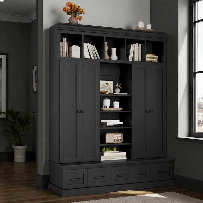 78.7'' H Hall Tree with Bench, 5 Cubbies, 4 Doors & 5 Drawers, Adjustable Shelves Entryway Storage Cabinet