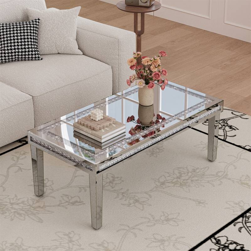 47.24” Long Luxury Modern Rectangular Mirrored Coffee Table with Crystal Diamonds Inlay, Living Room Center Table