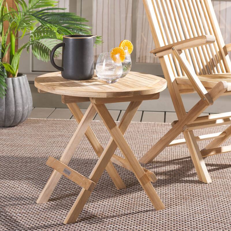 SAFAVIEH Outdoor Patio Furniture Rory Solid Teak Wood Folding Round Table - 20"W x 20"D x 20"H - Natural