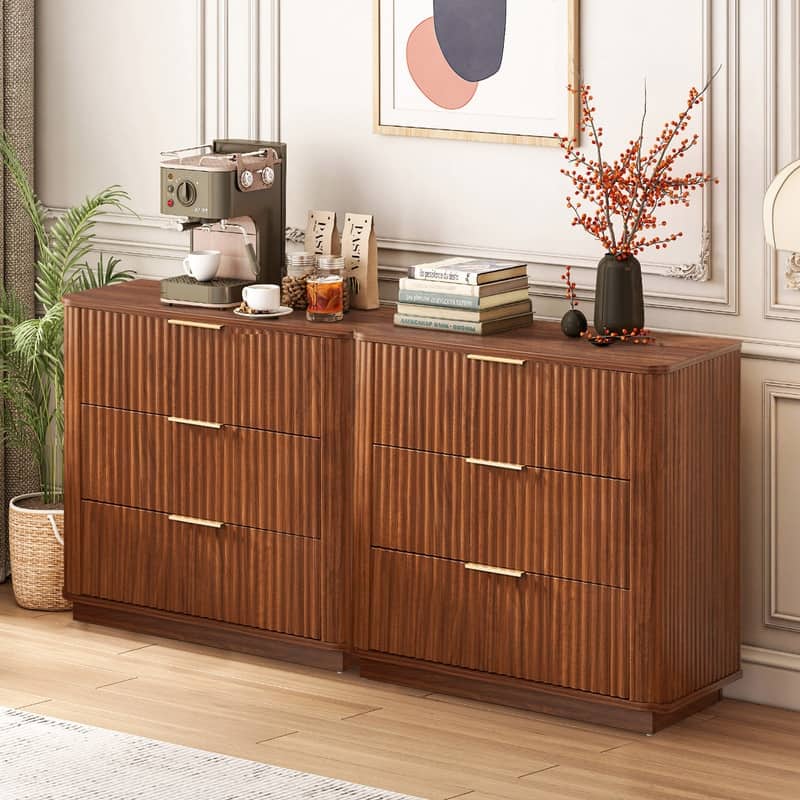 Modern Fluted 3-Drawer Dresser Nightstand with Easy Clean Waterproof Surface (Set of 2)