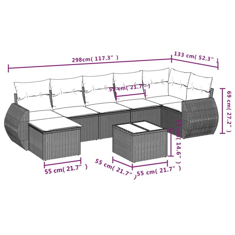 vidaXL Patio Sofa Set with Cushions Outdoor Furniture 8 Piece Poly Rattan - 21.7 x 21.7 x 14.6
