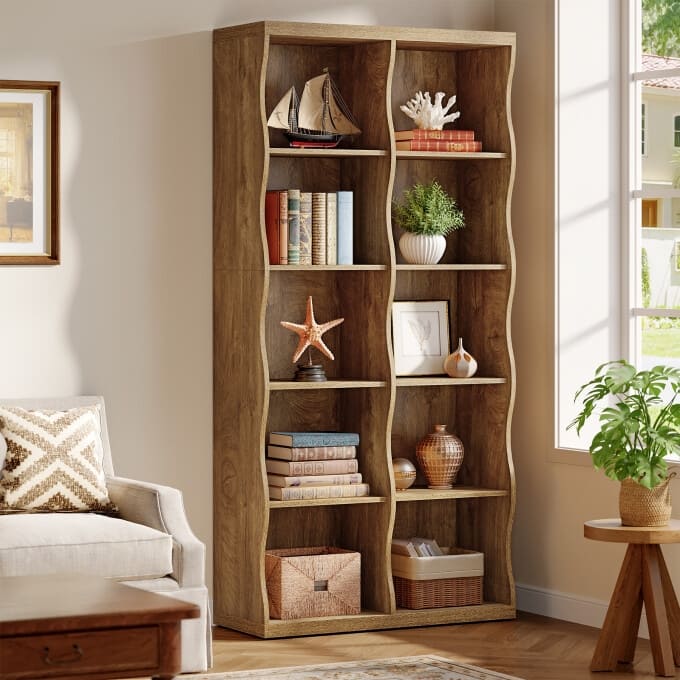 70.86" Bookcase with 10 Storage Cubes, 5-Tier Wave-Design Bookshelf - Brown