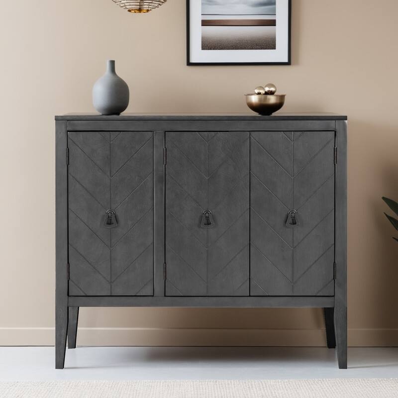 Adjustable Shelf Storage Sideboard with 3 Retro Metal Handles and 4 Pinewood Legs, for Entryway - Grey