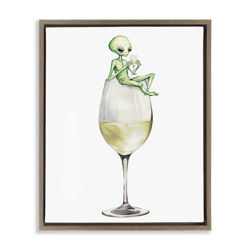 Stupell Alien Perched on Champagne Glass Framed Floater Canvas Wall Art Design By Lil' Rue - 25 x 31 - Brown