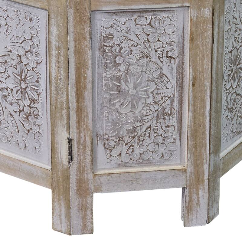 Accent Side Table, Mango Wood 18 Inch Round Top, Hand Carved Inlay Mandala Design, Washed White