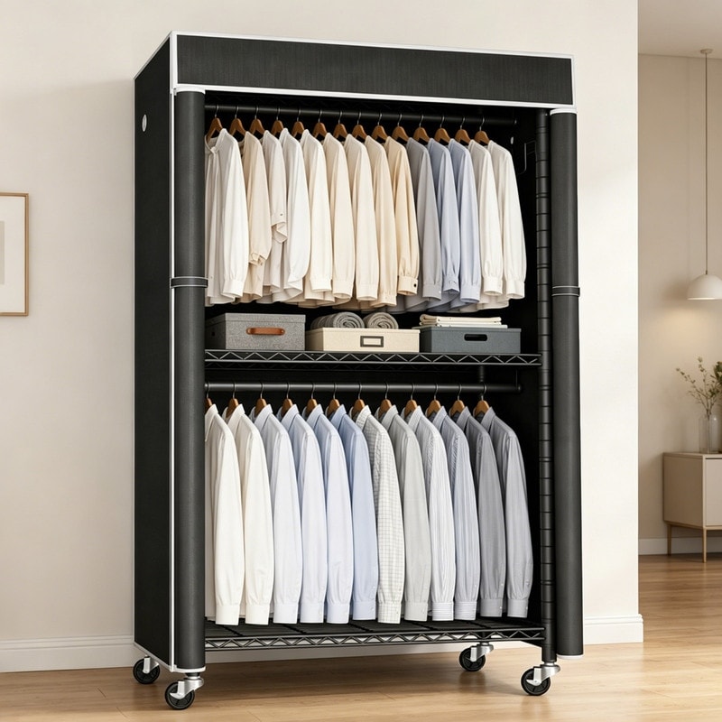 Freestanding Metal Garment Rack with Dust Cover and Rolling Storage