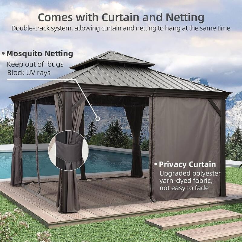 PURPLE LEAF 10x12 Outdoor Galvanized Steel Hardtop Gazebo, Aluminum Frame Gazebo With Curtains