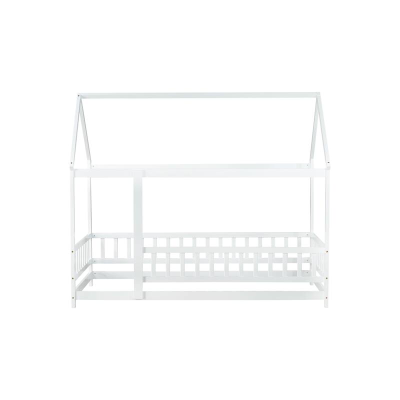 Twin Size Wooden House Floor Bed with Roof Frame and Safety Guardrails
