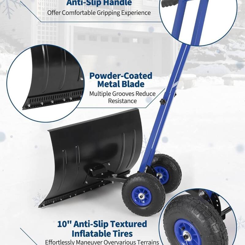 29.13x19.8 in Heavy Duty Rolling Snow Pusher Shovel for Driveway, Doorway, Sidewalk