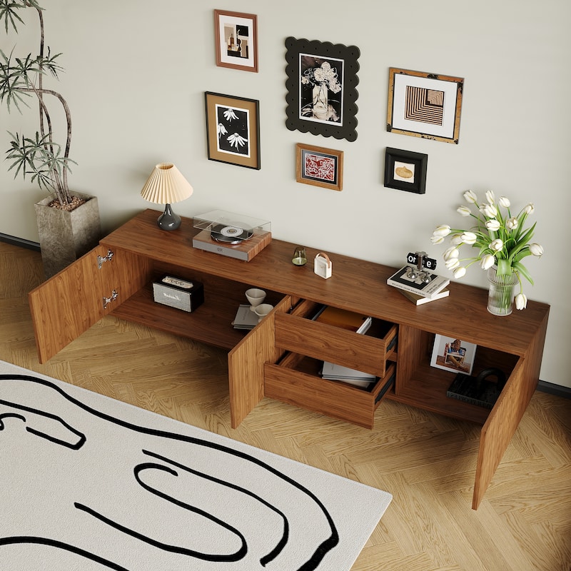 Walnut Brown Mid-Century 79" TV Stand with Storage, Retro Media Console for Living Room