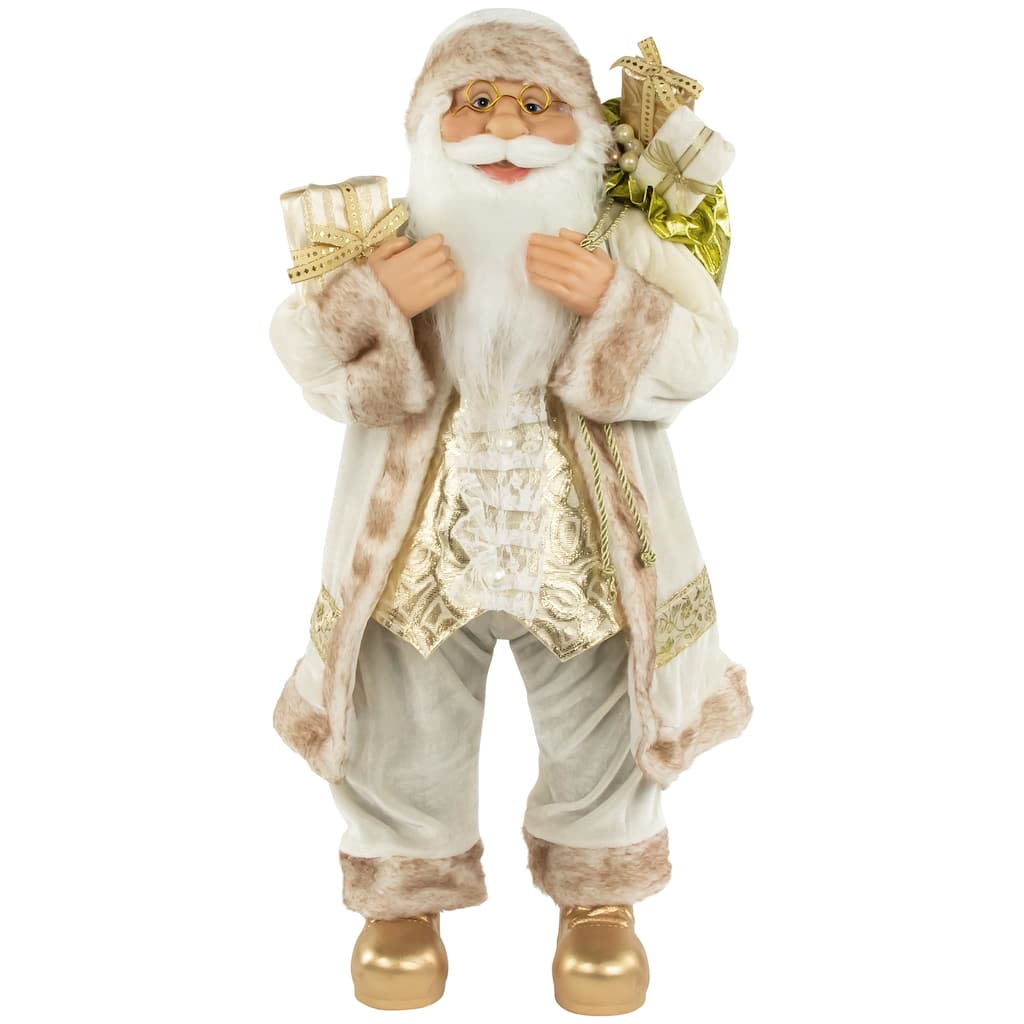 24" White and Ivory Santa Claus with Gift Bag Christmas Figure