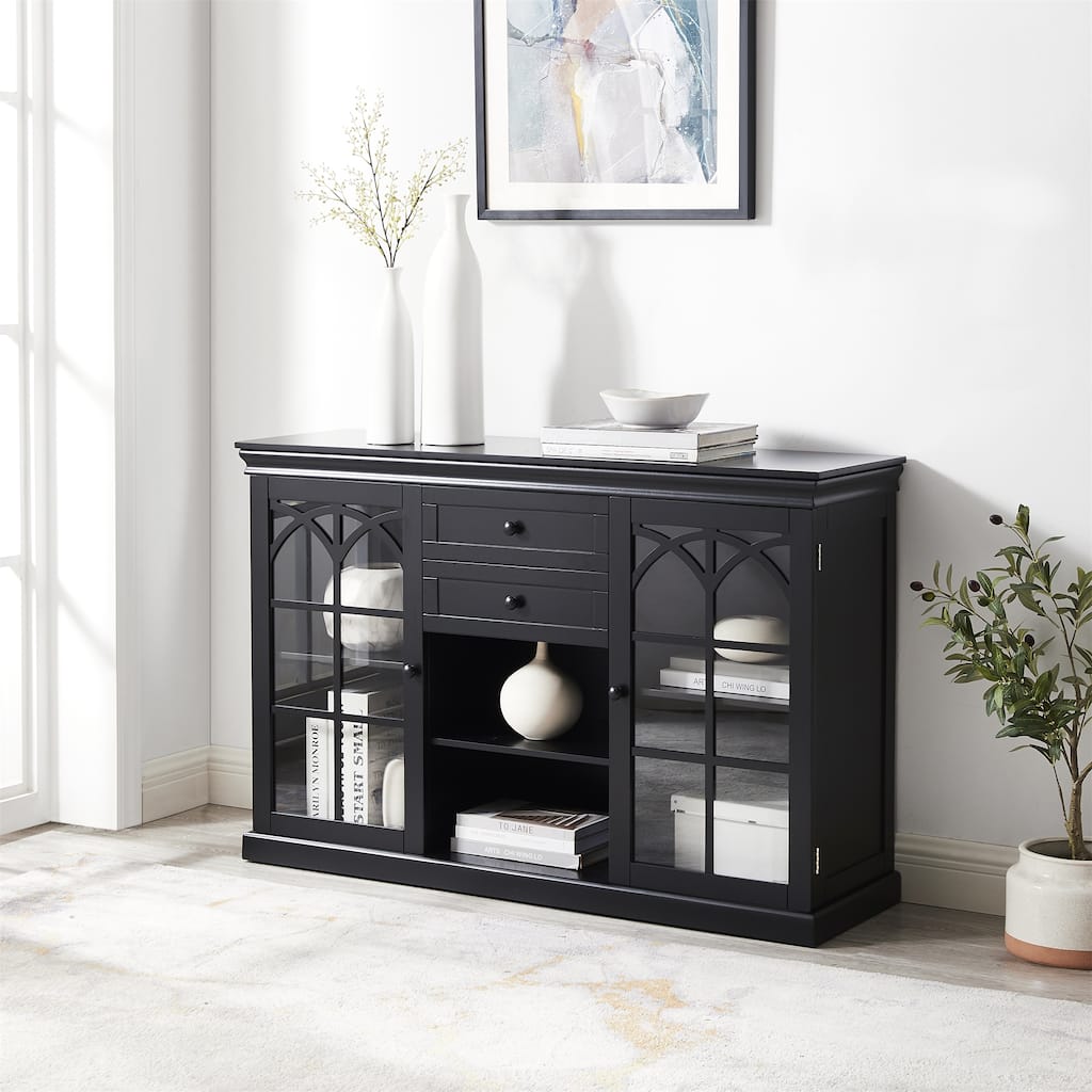 Storage Display Cabinet with Drawers and Glass Fretwork Doors,Black