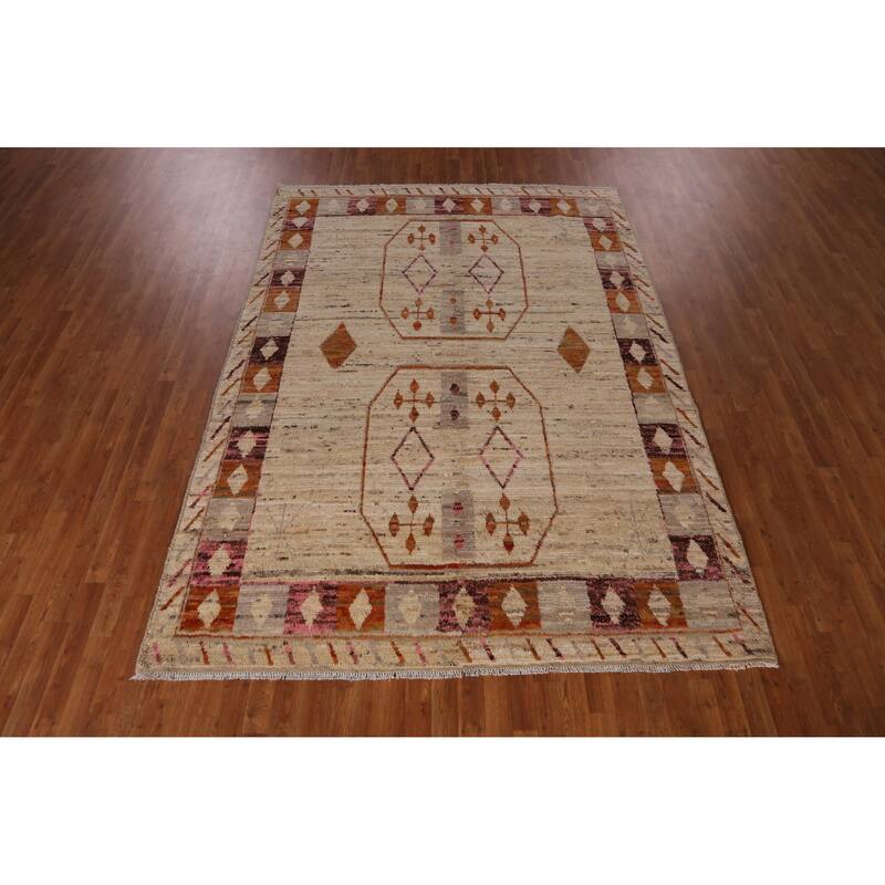 Geometric Beige Moroccan Oriental Area Rug Handmade Tribal Wool Carpet - 6'11" x 9'9"