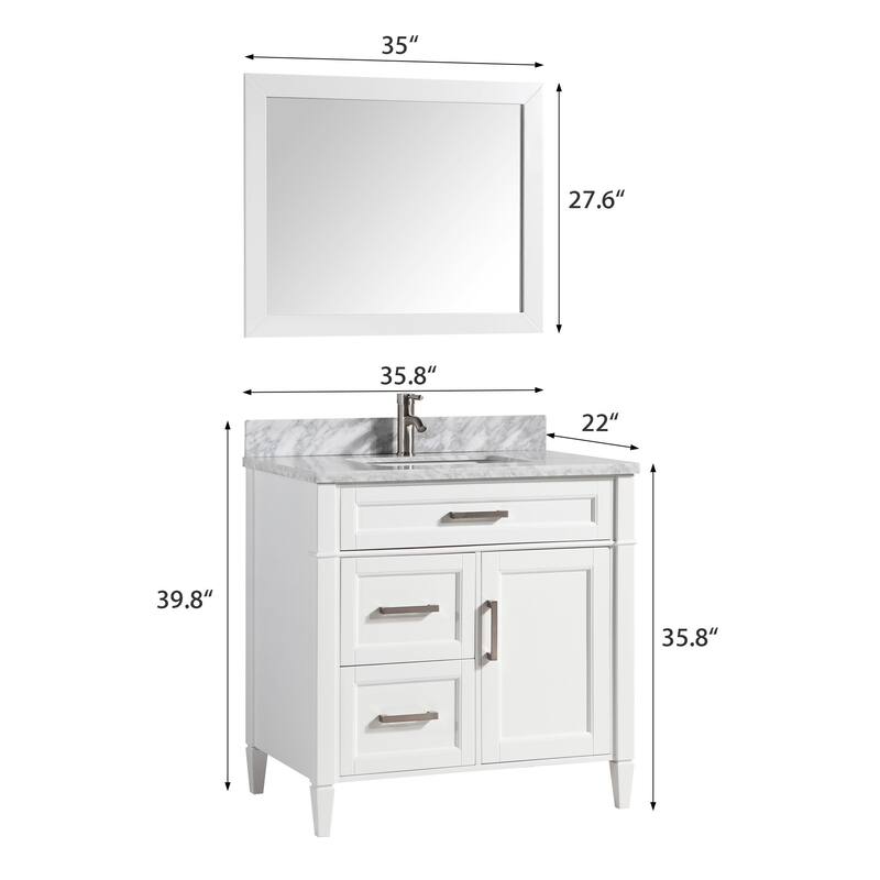 Vanity Art 36-Inch Single Sink Bathroom Vanity Set Carrara Marble Stone Top 3 Drawers 1 Shelf Undermount Sink with Free Mirror