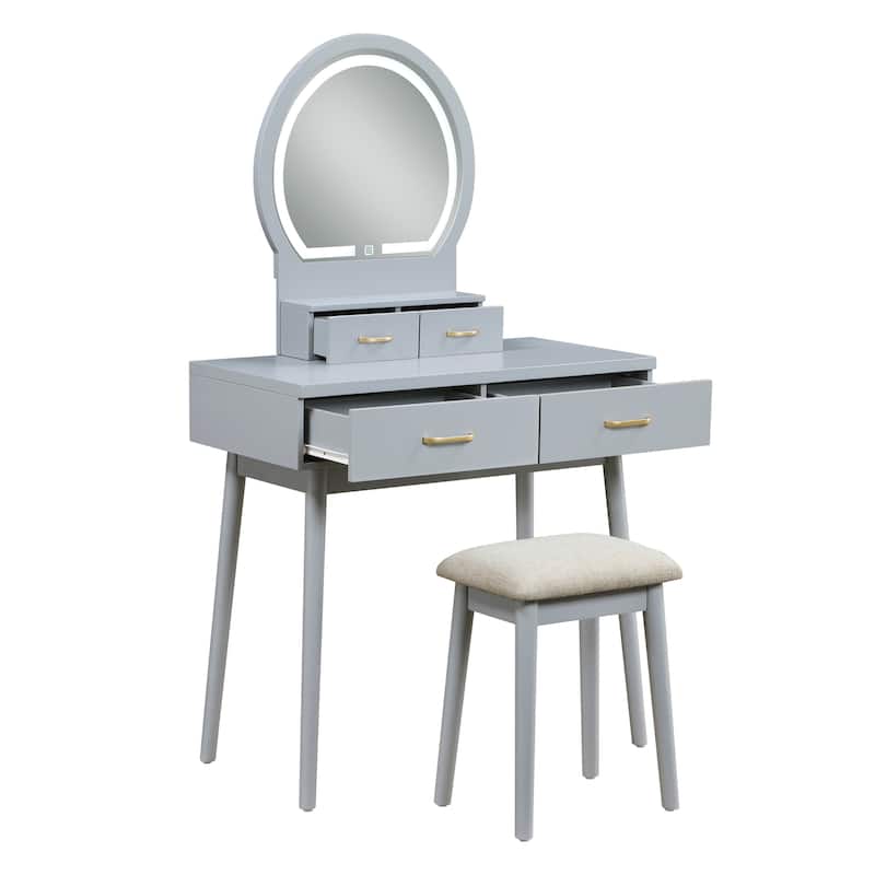 Beautiful Gray Finish Vanity Dresser with Mirror and Stool