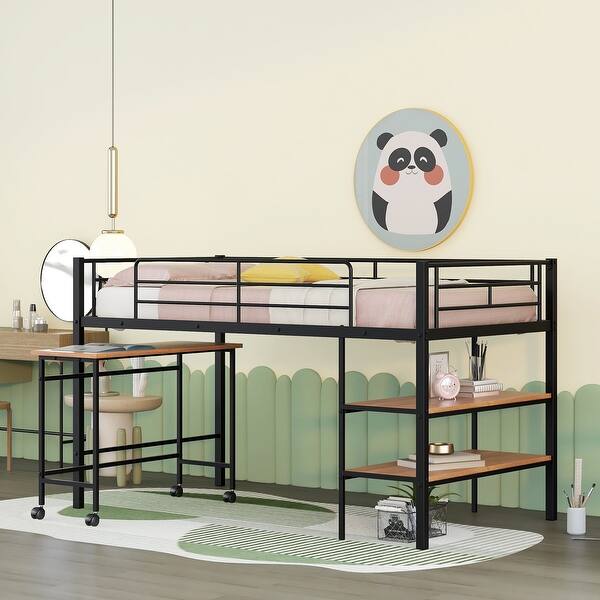 slide 2 of 15, Black Twin Size Metal Loft Bed with Desk and Shelves for Kids Black