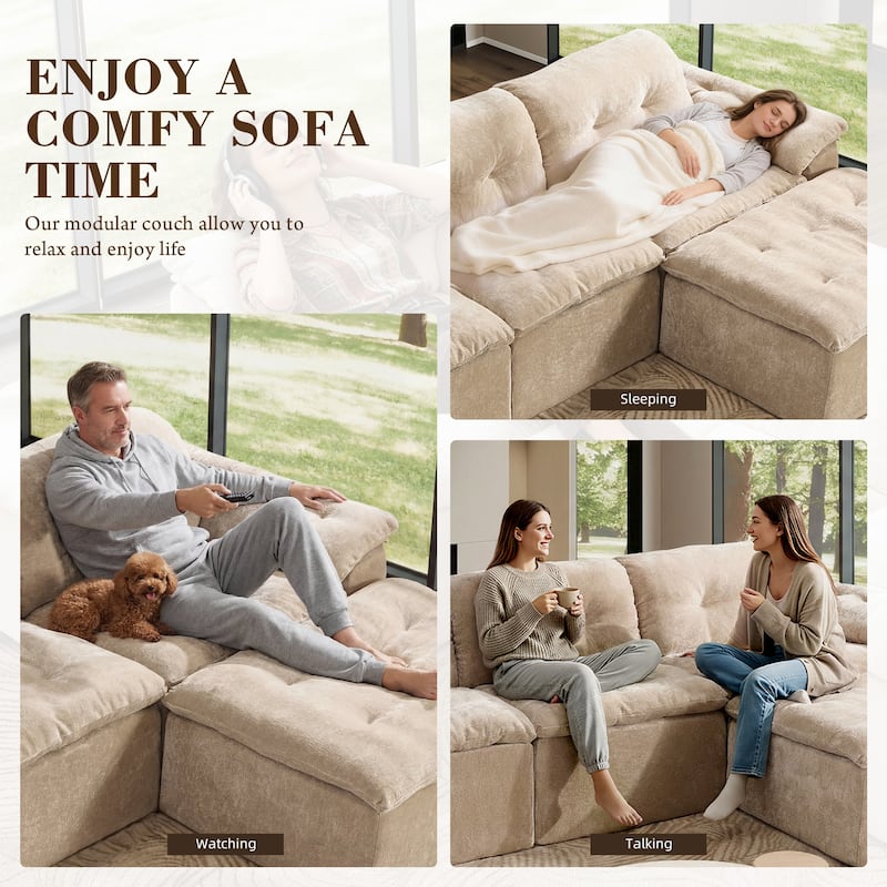 Rossetta L-Shaped Modular Chenille Cushioned Extreme Comfort Sofa with Detachable Backrest and Armrests, 1 Removable Ottoman