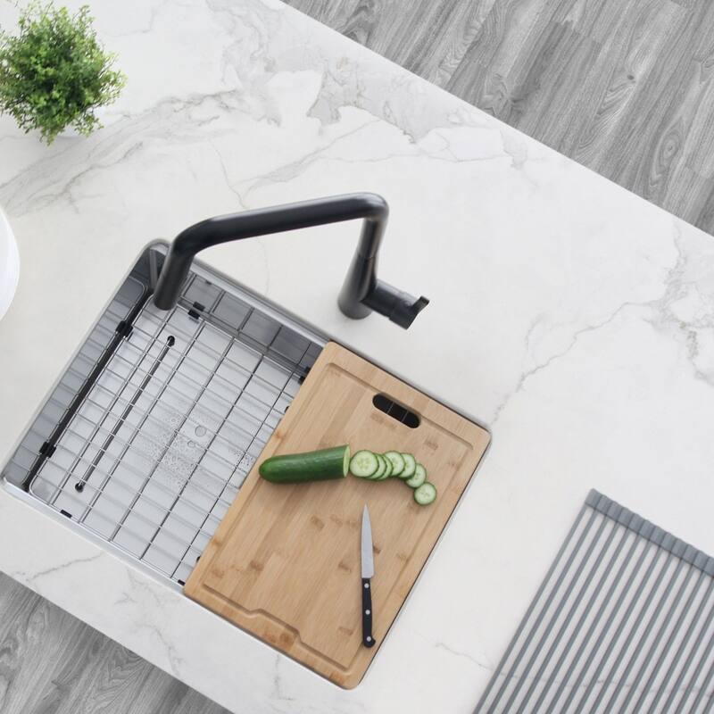 STYLISH 25 inches Workstation Single Bowl Undermount 16 Gauge Stainless Steel Kitchen Sink with Built in Accessories Handmade