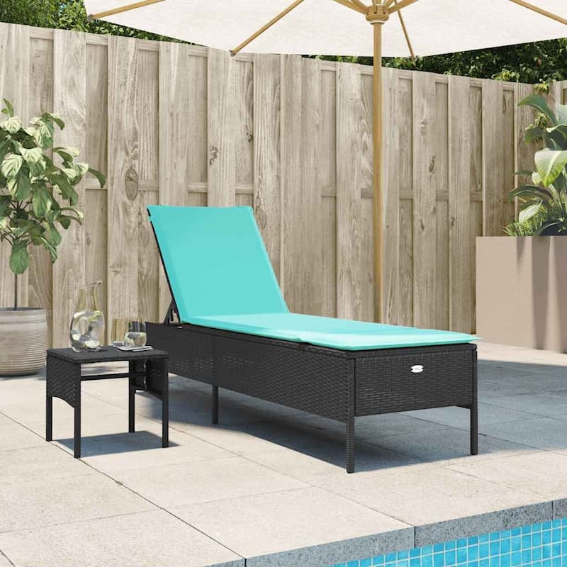 vidaXL Sun Lounger with Table and Cushion Outdoor Poly Rattan Brown/Gray/Black - Black