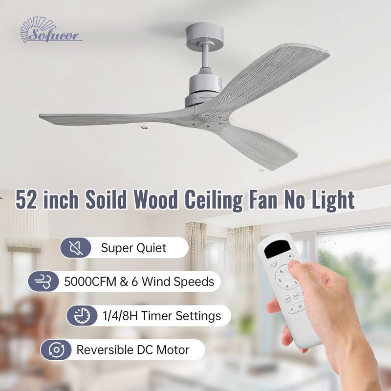 Sofucor 48/52 Inch Ceiling Fan with Light, Solid Wood Blades for Living Room, Bedroom,Smart Optional