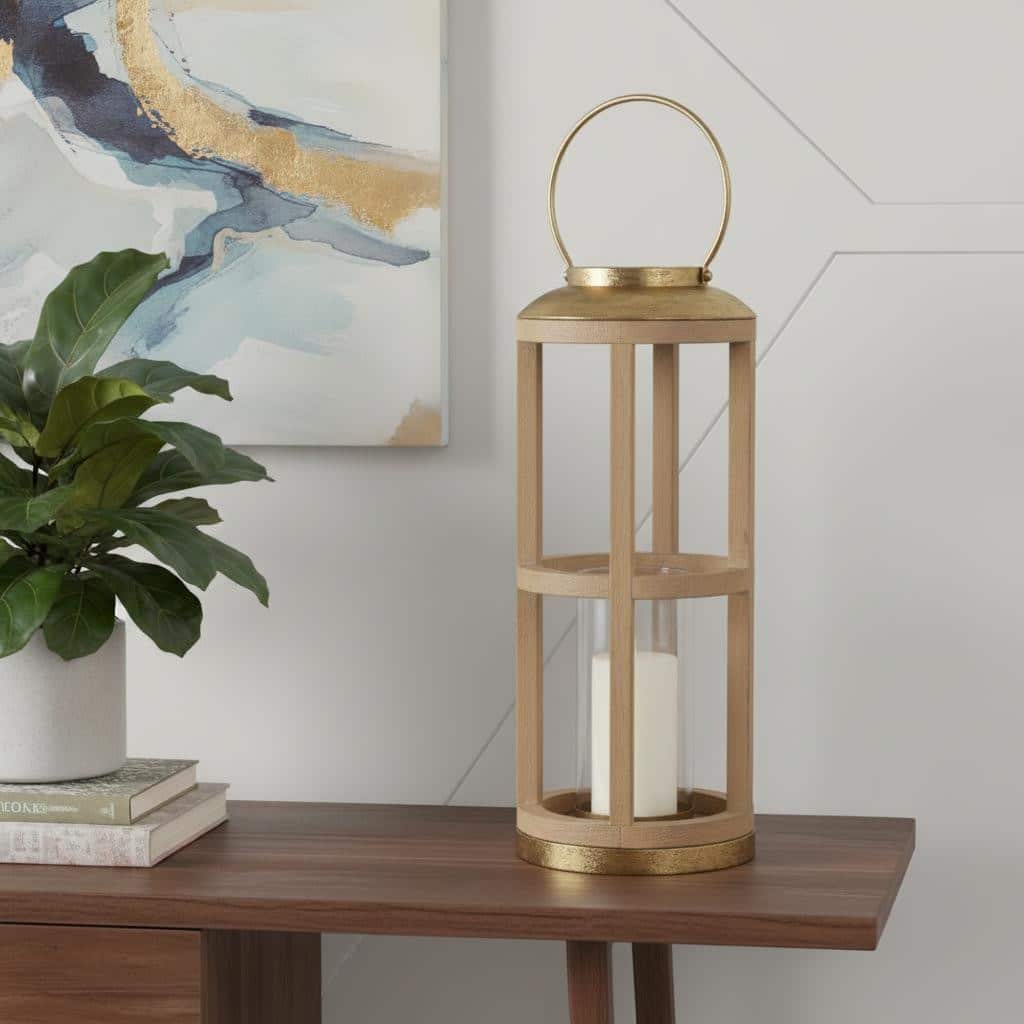 26" Natural And Bronze Distressed Geometric Solid Wood And Metal Tabletop Lantern Candle Holder