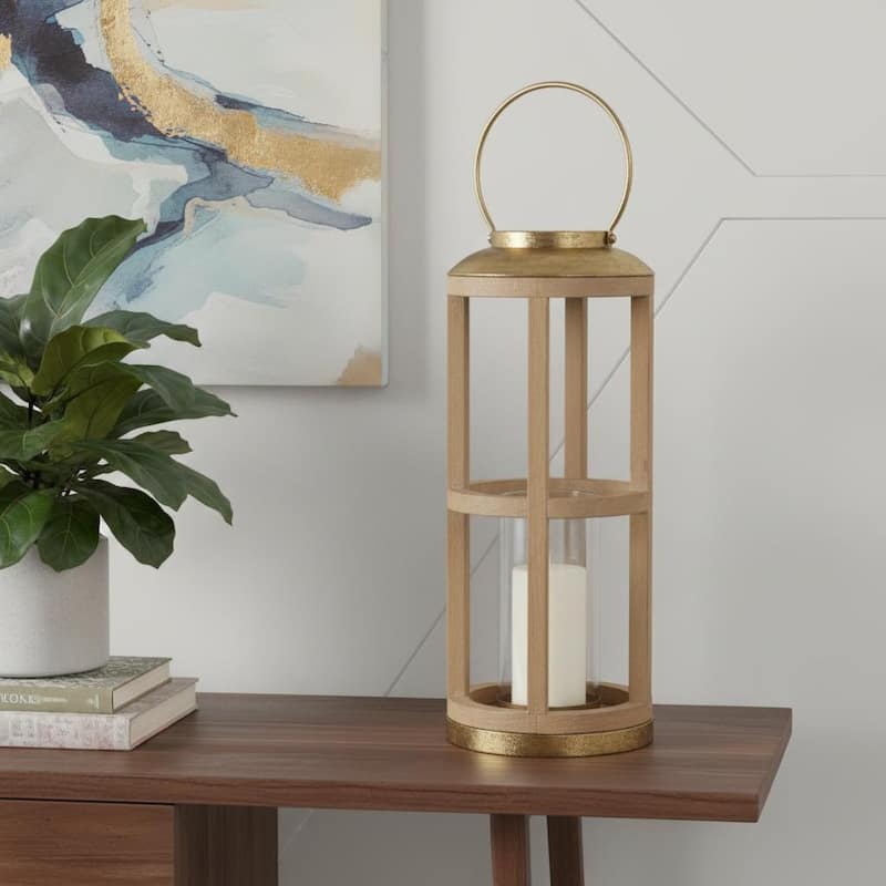 26" Natural And Bronze Distressed Geometric Solid Wood And Metal Tabletop Lantern Candle Holder - Bronze/Natural