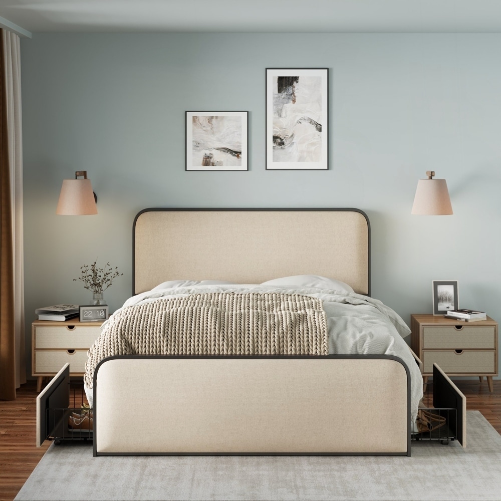 Metal Bed Frame with Curved Upholstered Headboard and Footboard Bed with 4 Storage Drawers