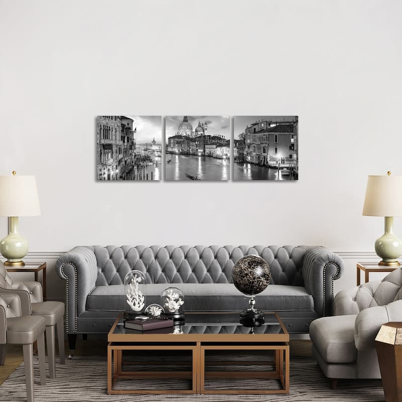 iCanvas "Canal Grande Panorama In Black And White, Venice, Italy" by Jan Becke 3-Piece Canvas Wall Art Set - 20x60x1.5