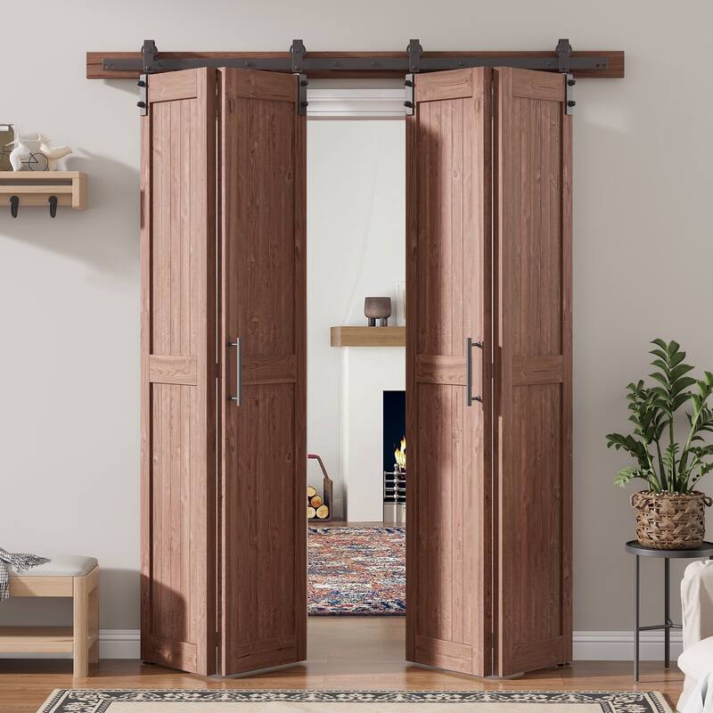 Assembled 30in./32in./36in./40in./44in./48in. x 84 in. Solid Core Pine Wood Bi-Fold Door With Hardware Kit