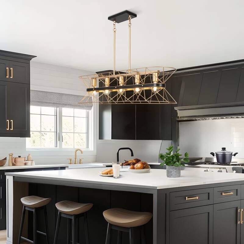 Modern Black Gold 5-Light Chandeliers Geometric Pendant Light Fixtures for Dining Room - 39.4 " × 10 " × 9.6 "