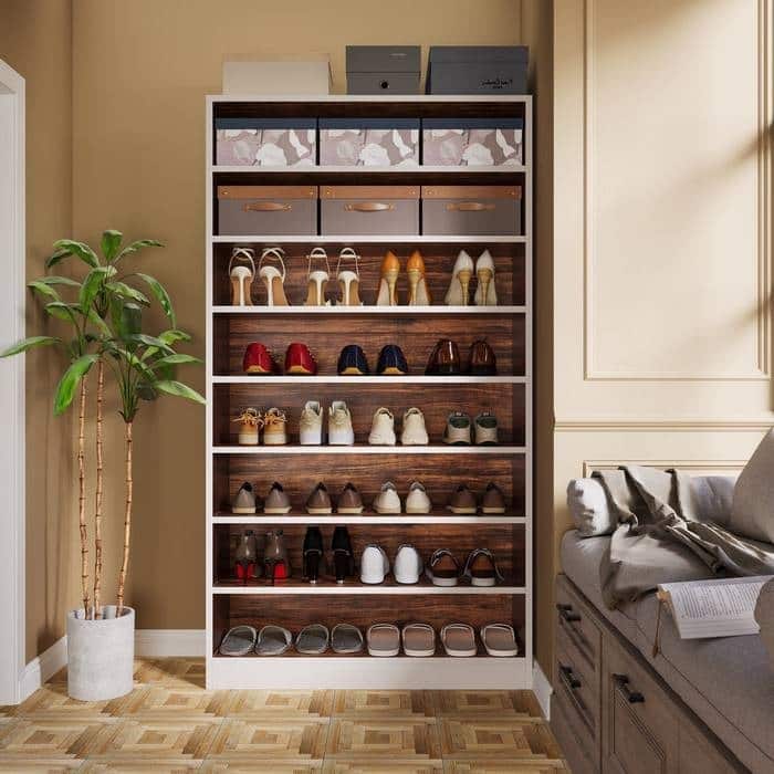 9 Tier White/Brown Wood Shoe Storage Cabinet, Holds Up To 45 Pairs - Multi